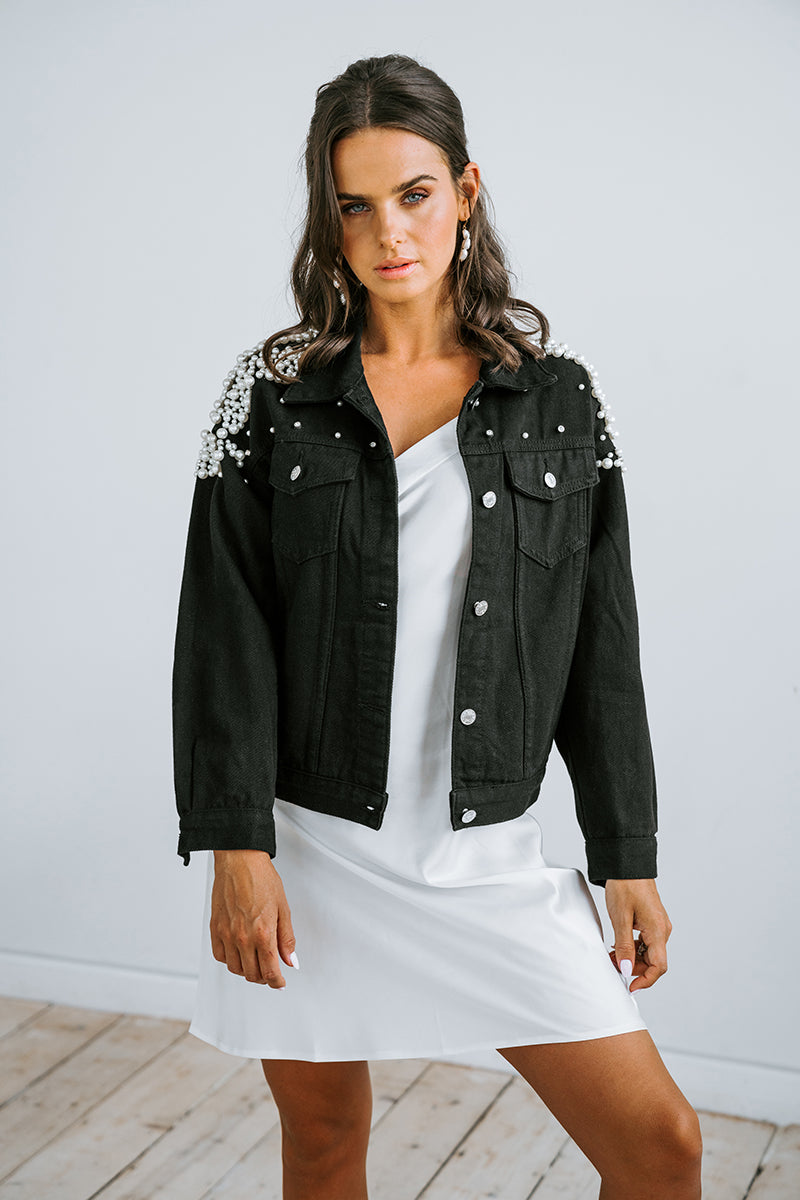 Black denim 2025 jacket with pearls