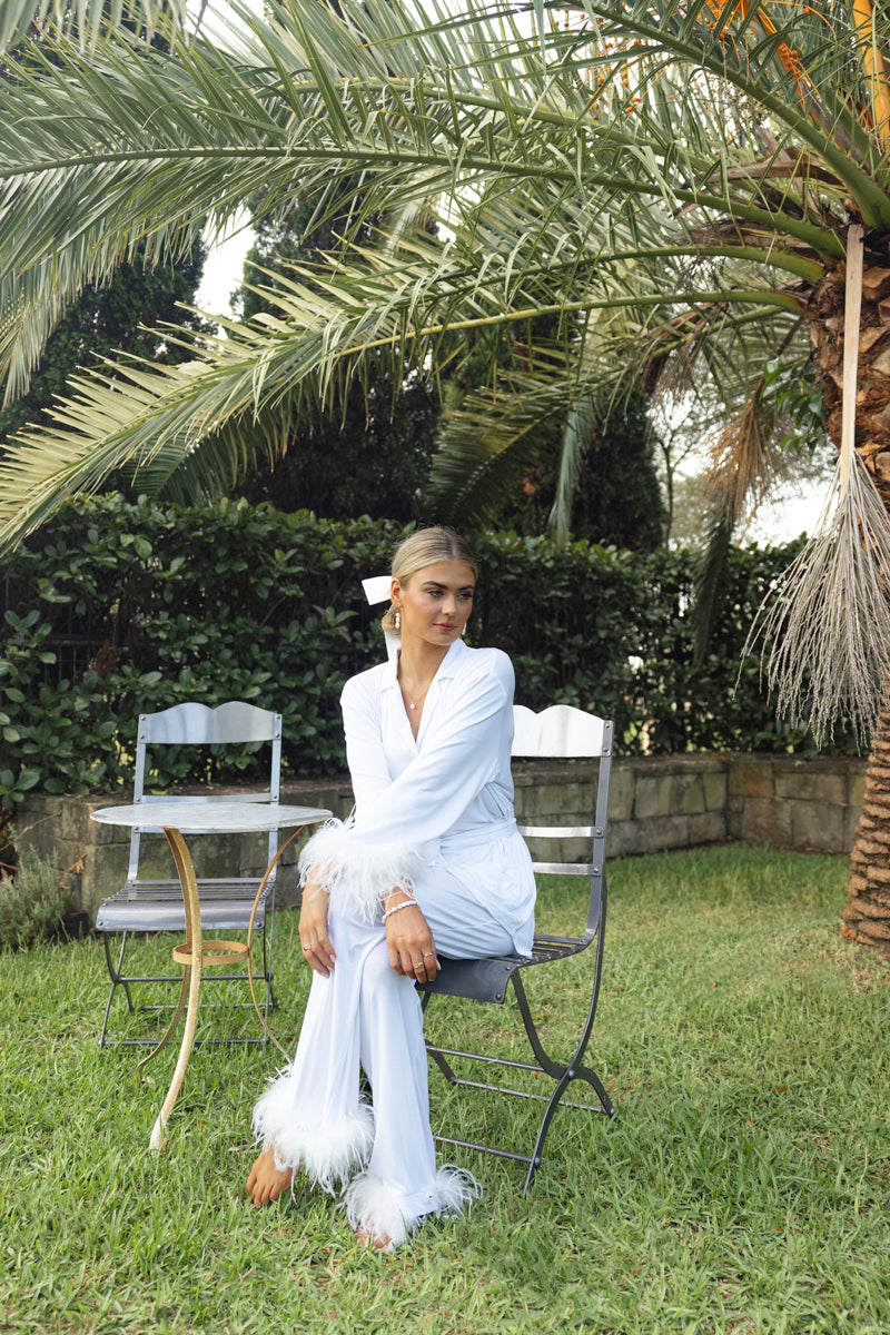 White feather trim pyjama set | Feather Bridal Pyjamas