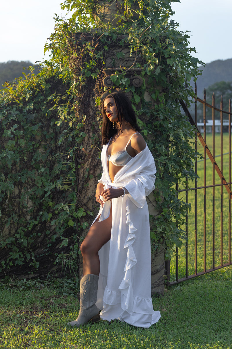 Linen Ruffle Bridal Robe | White Bride Robe