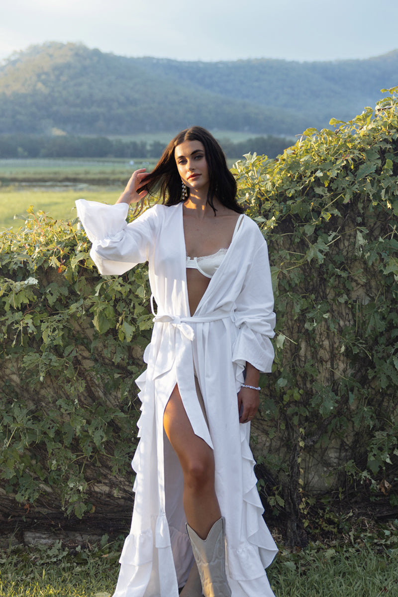 Linen Ruffle Bridal Robe | White Bride Robe