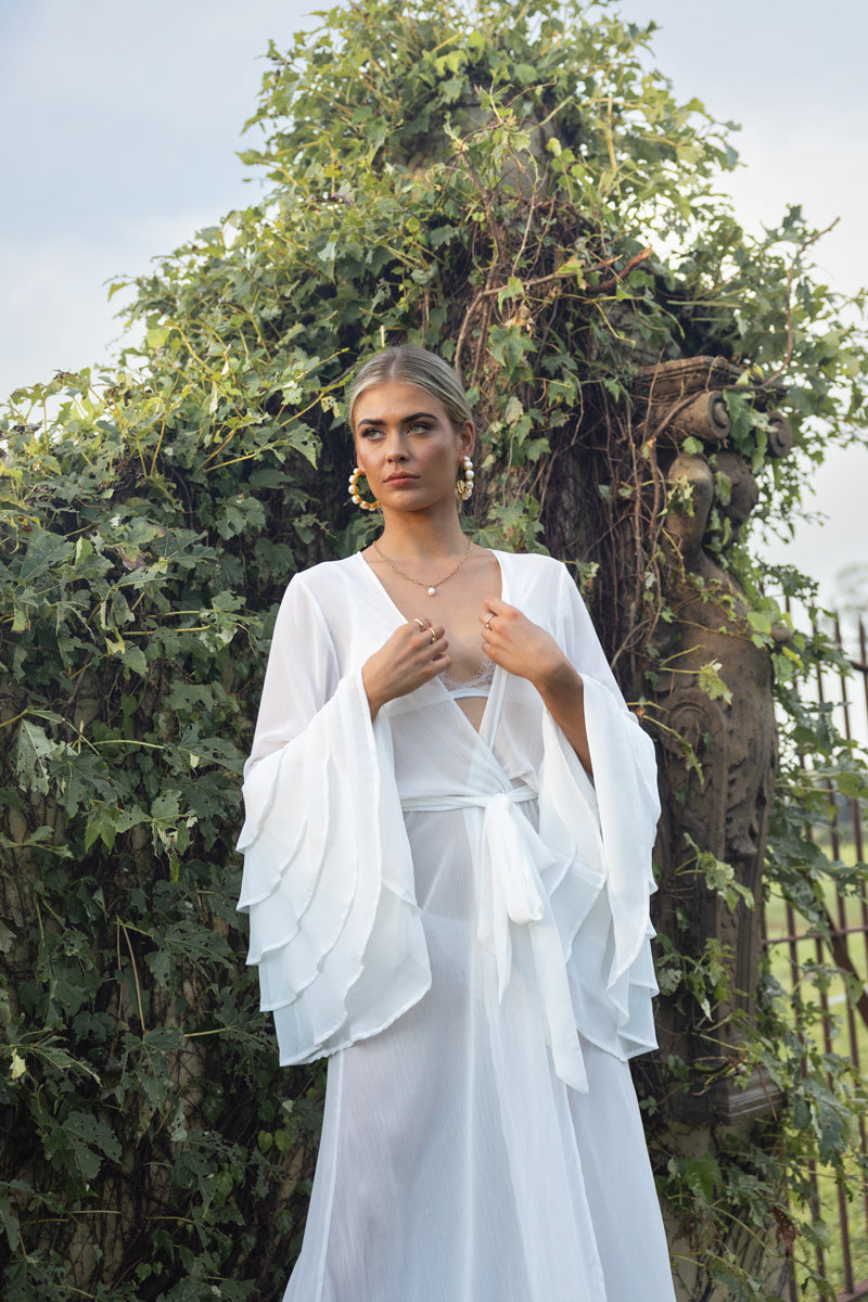 Ruffle Sleeve Robe for the Bride | White Bridal Robe