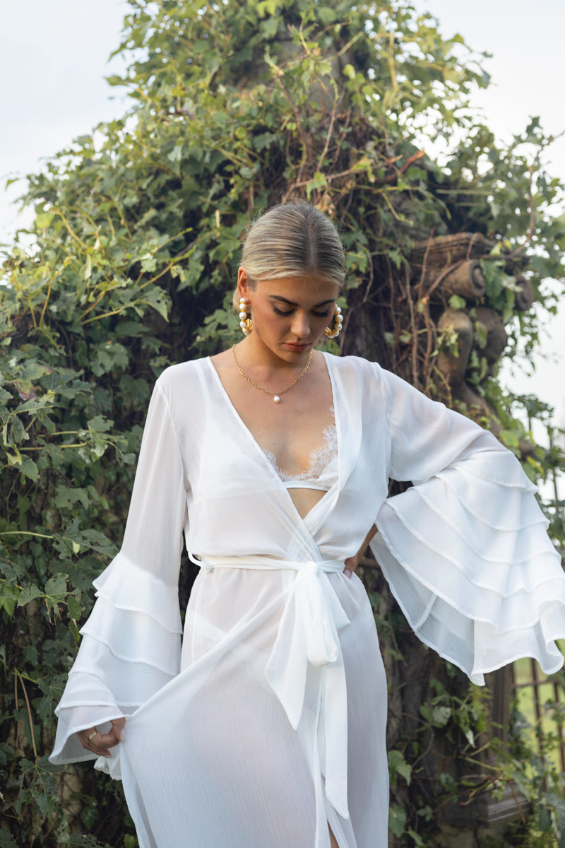 Ruffle Sleeve Robe for the Bride | White Bridal Robe