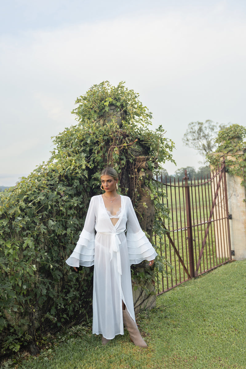 Ruffle Sleeve Robe for the Bride | White Bridal Robe