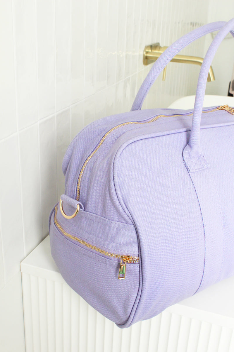 Personalised Duffle Bag with Name Lilac Purple Gold Hardware
