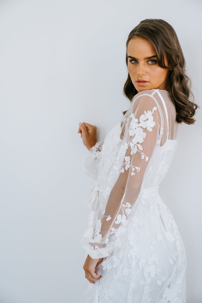 Alex Floral Lace Maxi Robe | Bridesmaid Robes | Lace Trim Robe | White ...