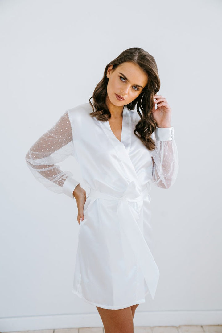 Paige Lace Sleeve Bridal Robe- White