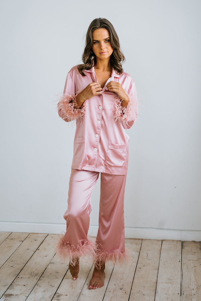 Feather Trim Pyjama Set White