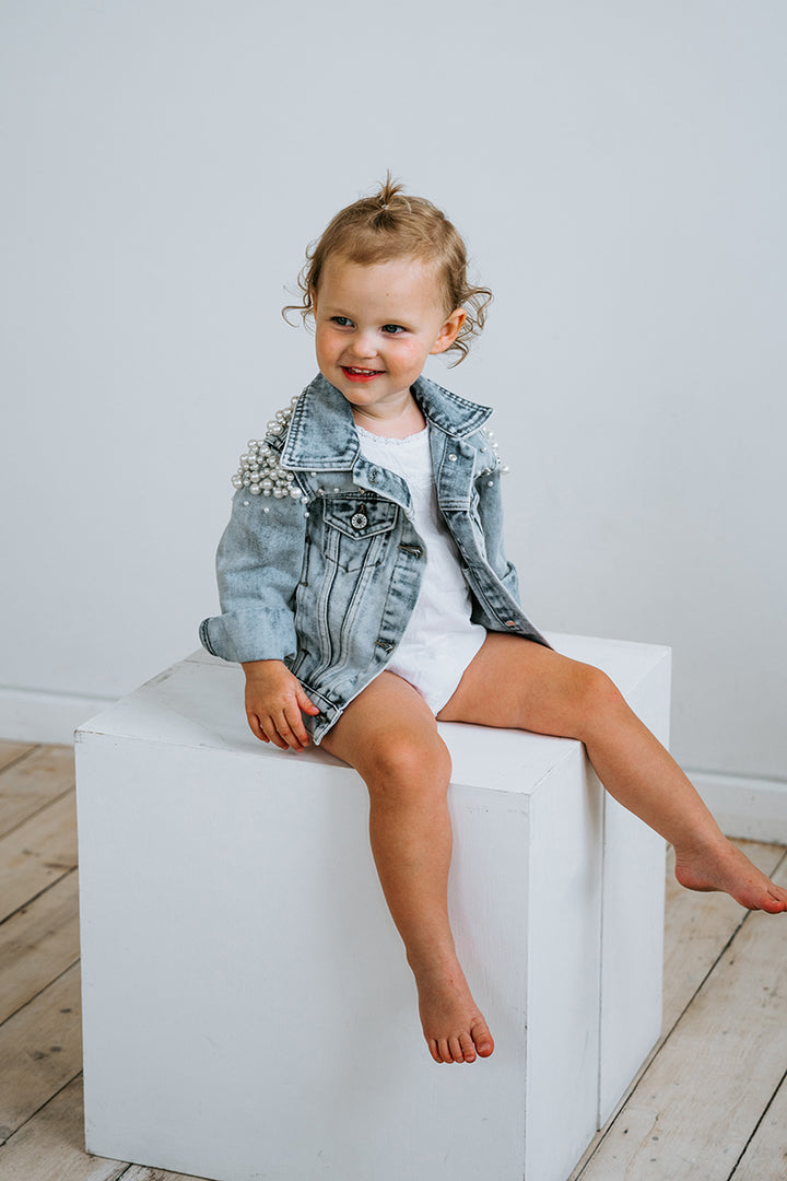 Personalised Kids Jacket | Kids Pearl Denim Jacket | Flower Girl Jacket